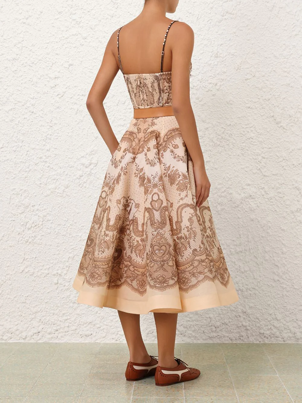 Crush Twist Front Peach Lace Print Midi Dress - Image 5