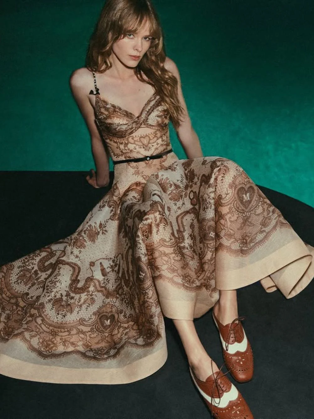 Crush Twist Front Peach Lace Print Midi Dress - Image 8