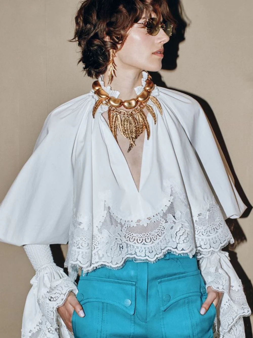 Ivory Lace Trim Shirred Blouse
