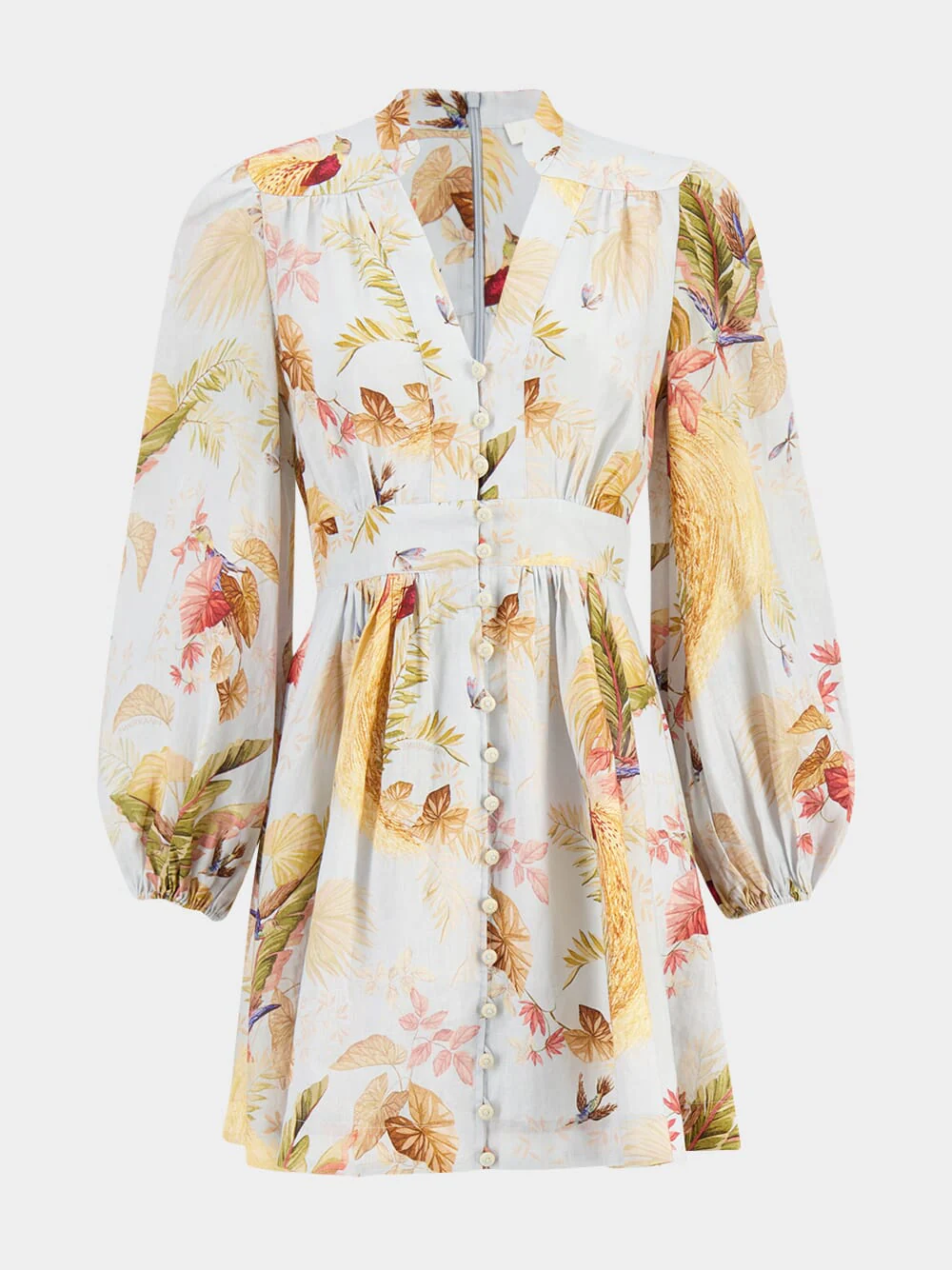 Light Blue Palm Floral Ascension Mini Linen Dress