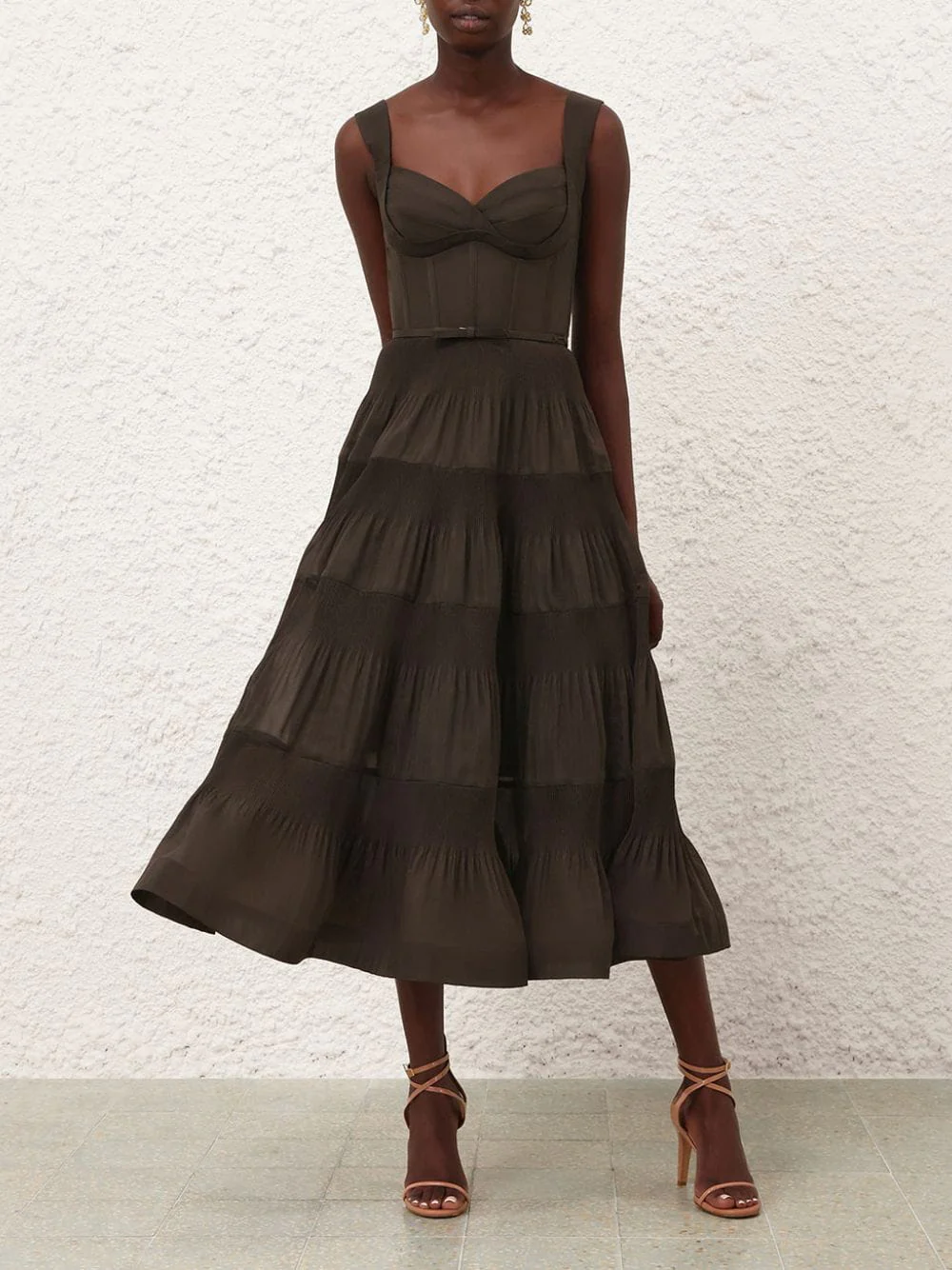 Olive Pleated Draped Midi Dress